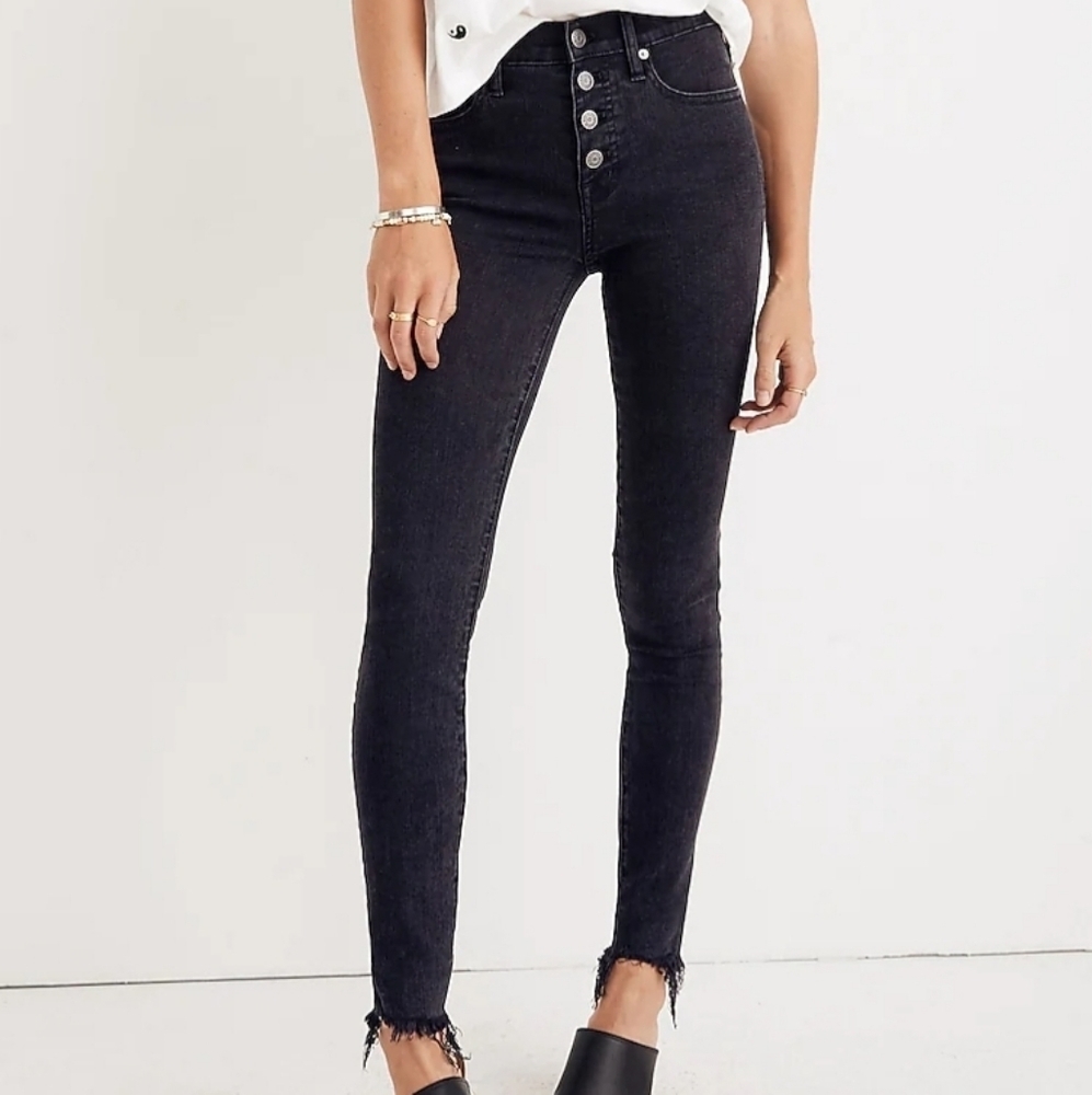 Madewell 9" High-Rise Skinny Grunge Moto Black ButtonFly Jeans Chewed Hem Sz 30